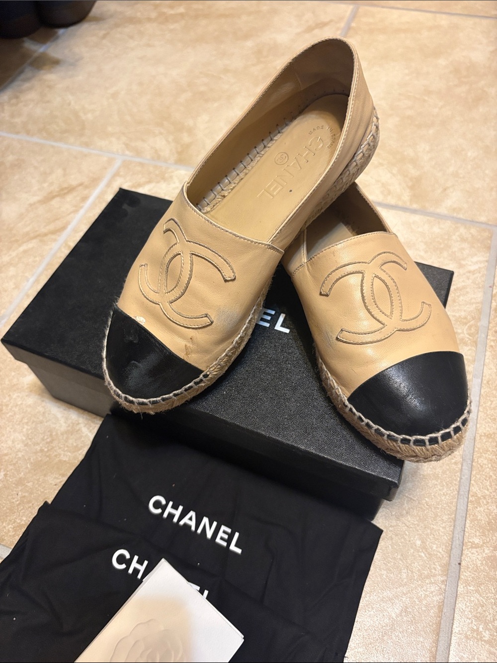 CHANEL Beige Leather Espadrille Slip-Ons with Black Cap Toes - Picture 3 of 9